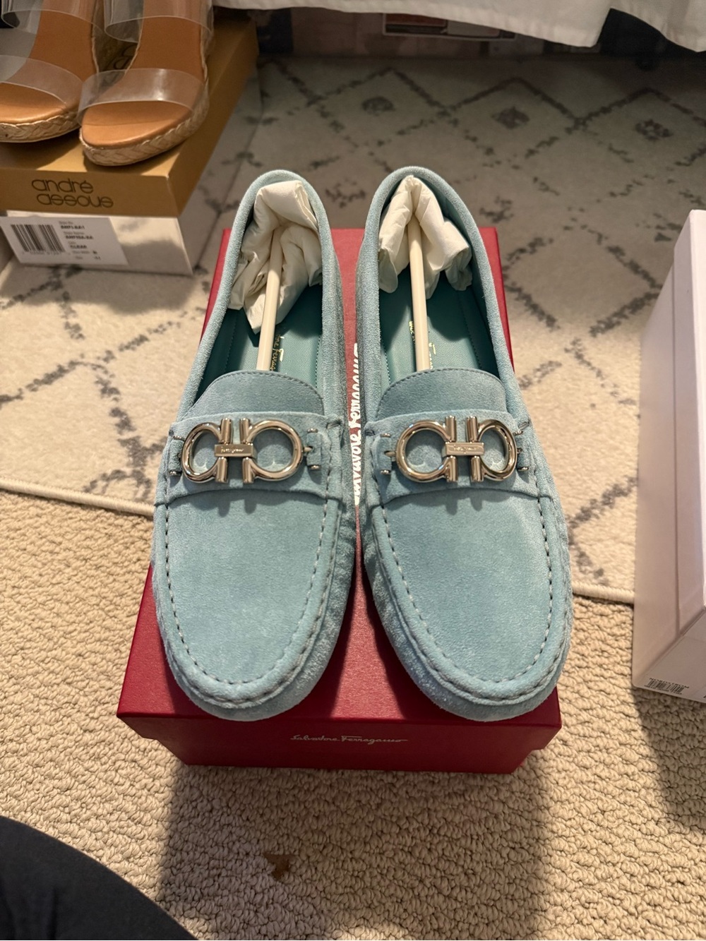 Salvatore Ferragamo Mint Blue Suede Gancini Loafers